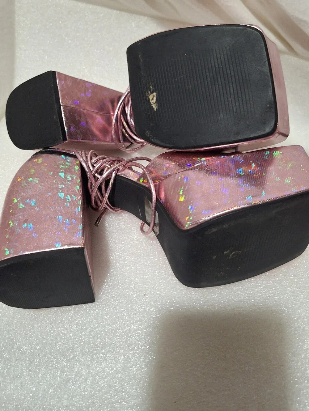 Pink Holographic Platform Block Heel Sandals